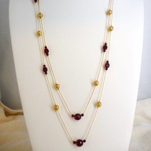 Necklace & Earring Set Gold Plate & Garnet Red Glass Beads 2 Strands NWOT M380